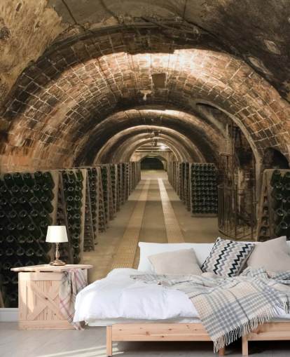 bruine aanpasbare 3D-wijnkelder behangmuurschildering genaamd Wine Cellar voor keukens.