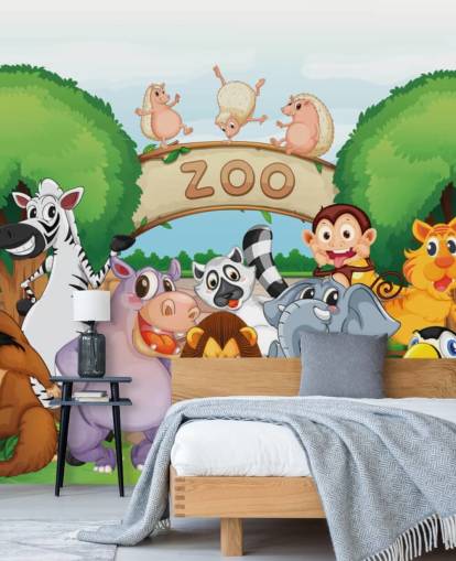 Zoo Entrance with Animals Cartoon Wall Mural