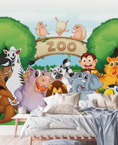 Zoo Entrance with Animals Cartoon Wall Mural