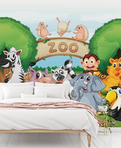 Zoo Entré med djur Tecknad väggmålning