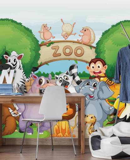 Decorazione murale con cartoni animati all'ingresso dello zoo con animali