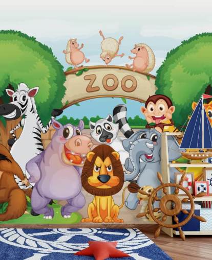 Mural de pared de dibujos animados de la entrada del zoológico con animales
