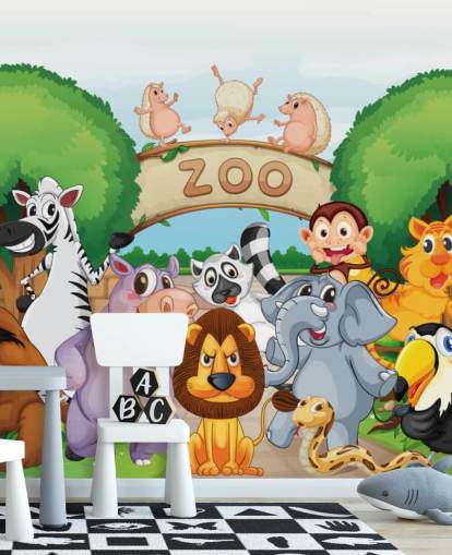 Mural de pared de dibujos animados de la entrada del zoológico con animales