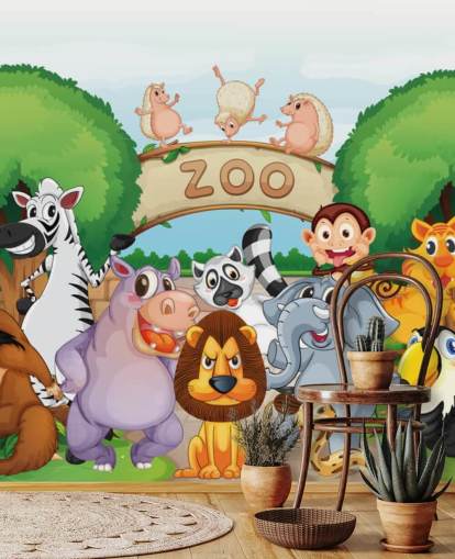 Mural de parede de desenho animado de entrada do zoológico com animais