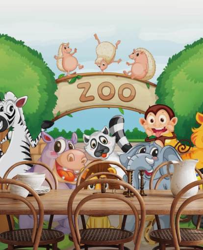 Zoo Entrance with Animals Cartoon Wall Mural