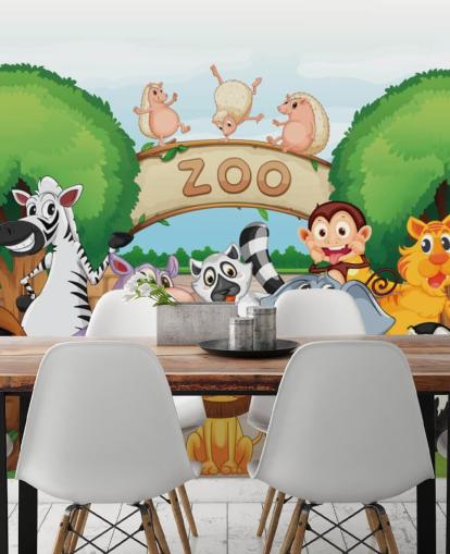 Mural de pared de dibujos animados de la entrada del zoológico con animales