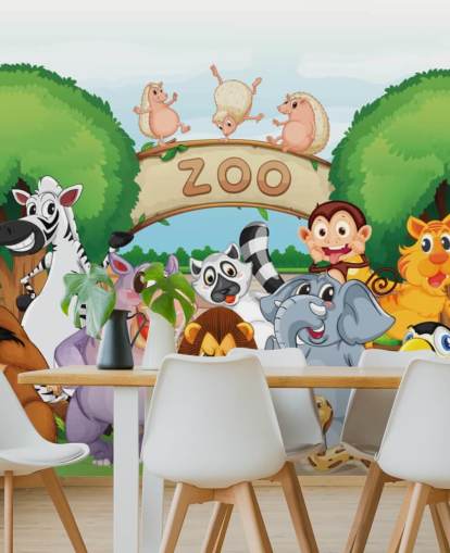 Zoo Entrance with Animals Cartoon Wall Mural