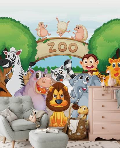 Zoo Entrance with Animals Cartoon Wall Mural