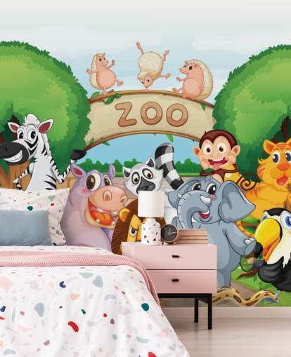 Zoo Entrance with Animals Cartoon Wall Mural Zoo Entrance with Animals Cartoon Wall Mural