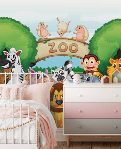Zoo Entrance with Animals Cartoon Wall Mural