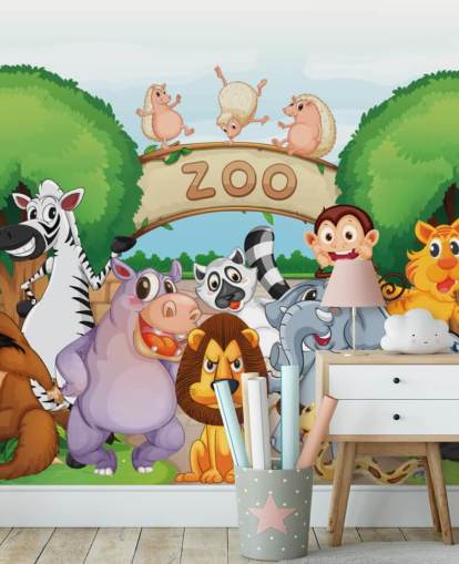 Zoo Entrance with Animals Cartoon Wall Mural