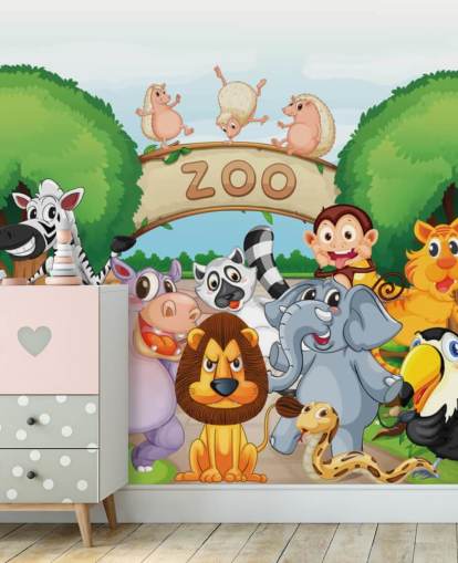 Zooeingang mit Tier-Cartoon-Wandgemälde Zooeingang mit Tier-Cartoon-Wandgemälde
