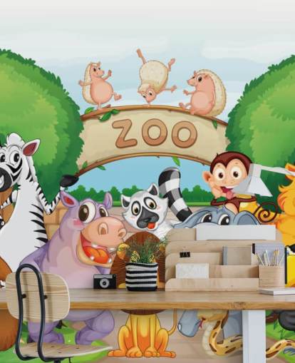 Zoo Entrance with Animals Cartoon Wall Mural