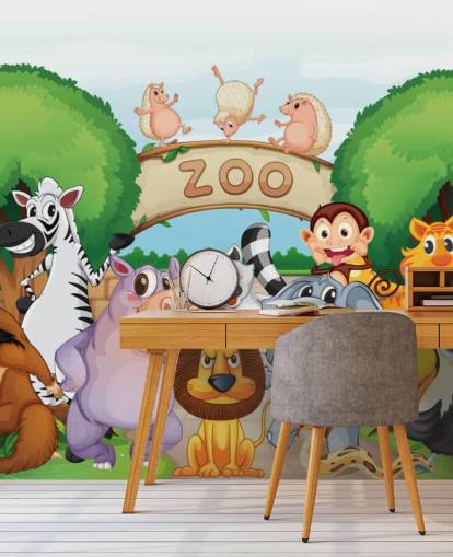 Mural de pared de dibujos animados de la entrada del zoológico con animales