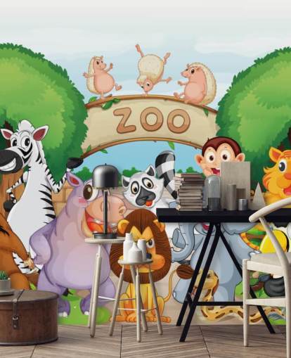 Zoo Entrance with Animals Cartoon Wall Mural