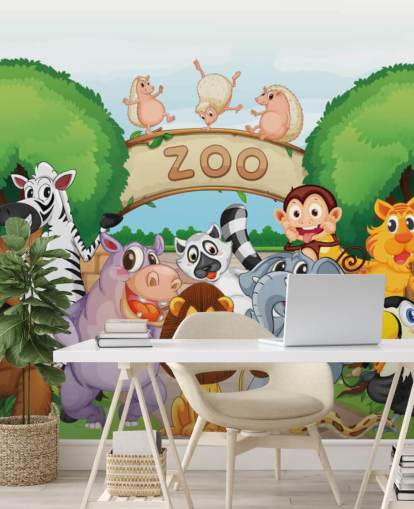 Zoo Entrance with Animals Cartoon Wall Mural Zoo Entrance with Animals Cartoon Wall Mural