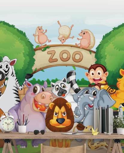 Mural de parede de desenho animado de entrada do zoológico com animais