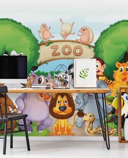 Mural de parede de desenho animado de entrada do zoológico com animais