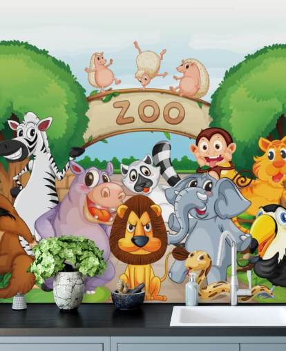 Mural de pared de dibujos animados de la entrada del zoológico con animales