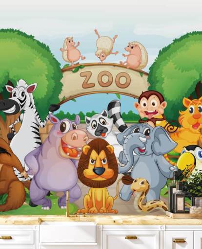 Zoo Entrance with Animals Cartoon Wall Mural