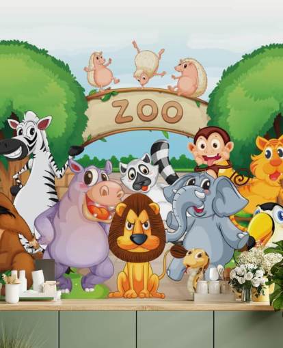 Zoo Entré med djur Tecknad väggmålning Zoo Entré med djur Tecknad väggmålning