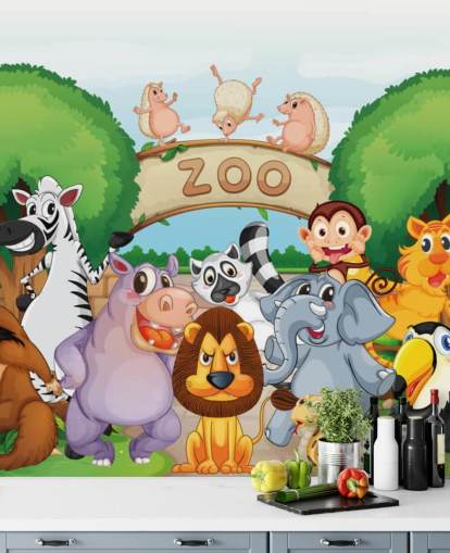 Poster mural de dessin animé Entrée du zoo avec des animaux Poster mural de dessin animé Entrée du zoo avec des animaux