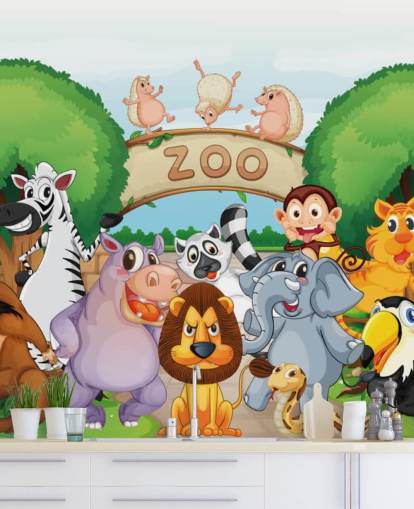 Zoo Entrance with Animals Cartoon Wall Mural