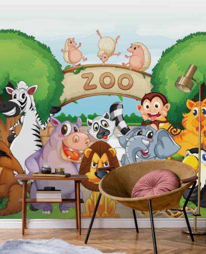 Mural de parede de desenho animado de entrada do zoológico com animais