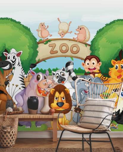Mural de pared de dibujos animados de la entrada del zoológico con animales