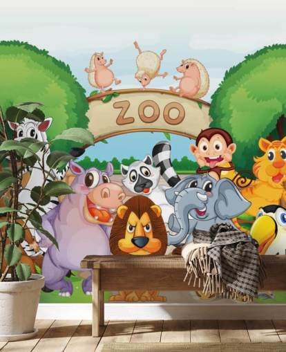 Zoo Entrance with Animals Cartoon Wall Mural
