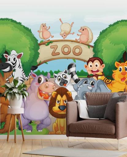 Zoo Entrance with Animals Cartoon Wall Mural