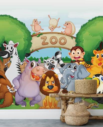Mural de pared de dibujos animados de la entrada del zoológico con animales