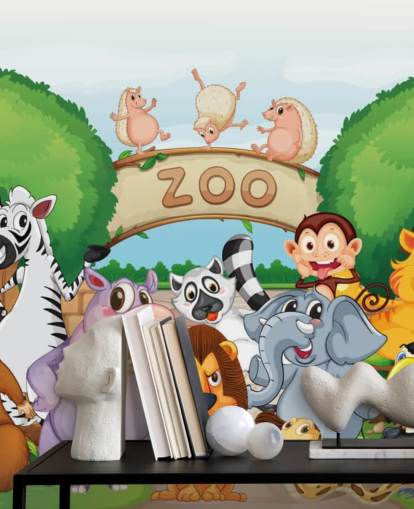 Zoo Entrance with Animals Cartoon Wall Mural