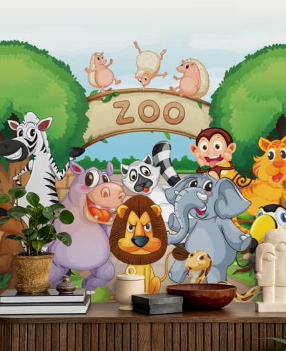 Mural de pared de dibujos animados de la entrada del zoológico con animales