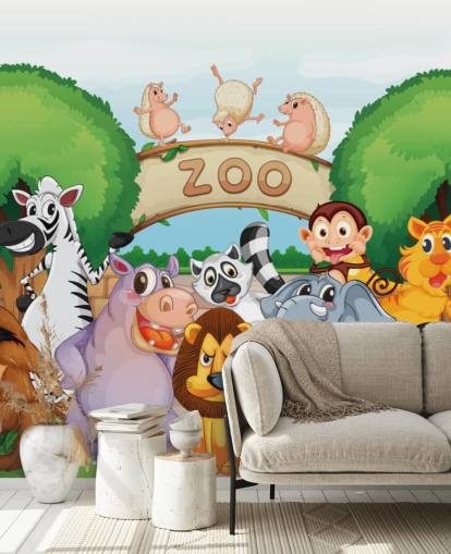 Mural de pared de dibujos animados de la entrada del zoológico con animales