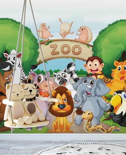 Mural de pared de dibujos animados de la entrada del zoológico con animales