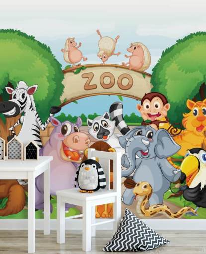 Decorazione murale con cartoni animati all'ingresso dello zoo con animali