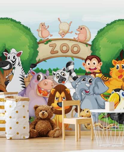 Zooeingang mit Tier-Cartoon-Wandgemälde Zooeingang mit Tier-Cartoon-Wandgemälde