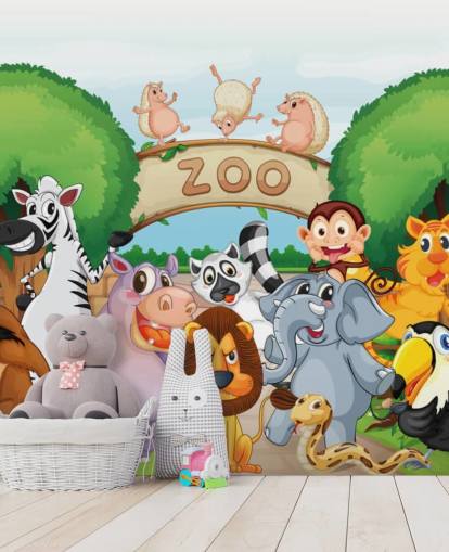 Mural de parede de desenho animado de entrada do zoológico com animais