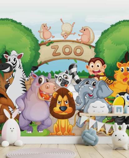 Mural de pared de dibujos animados de la entrada del zoológico con animales Mural de pared de dibujos animados de la entrada del zoológico con animales