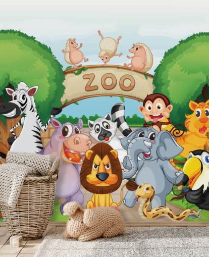 Mural de pared de dibujos animados de la entrada del zoológico con animales Mural de pared de dibujos animados de la entrada del zoológico con animales