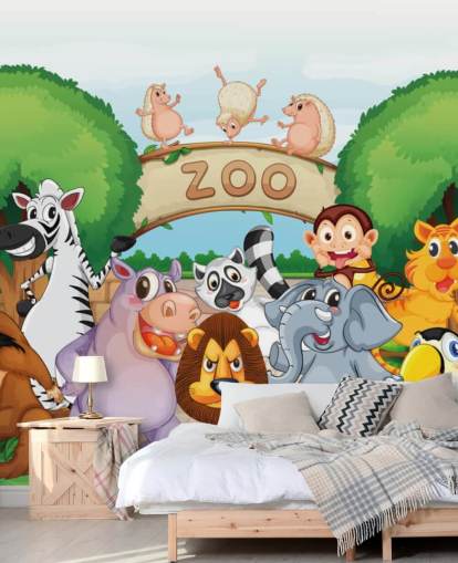 Zoo Entrance with Animals Cartoon Wall Mural Zoo Entrance with Animals Cartoon Wall Mural