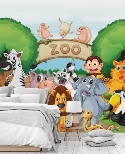 Zoo Entrance with Animals Cartoon Wall Mural