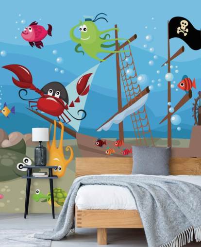 Fondo de pantalla de dibujos animados de peces en un barco pirata