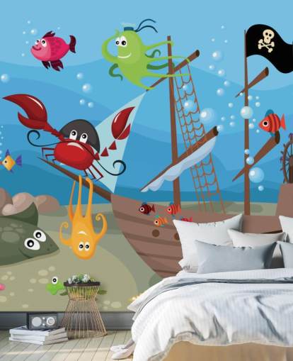 Tecknad fisk på ett piratskepp tapet