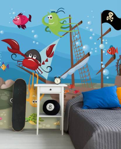 Karikatur-Tapete mit Fischen auf einem Piratenschiff Karikatur-Tapete mit Fischen auf einem Piratenschiff