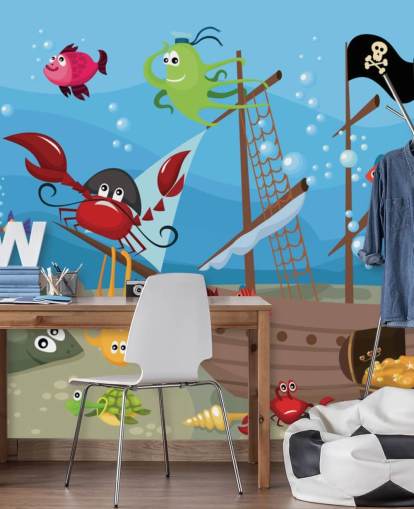 Cartoon Fish on a Pirate Ship Wallpaper