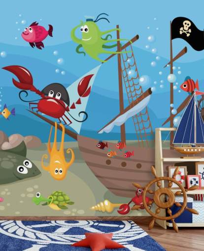 Carta da parati Cartone Animato Pesce su una nave pirata
