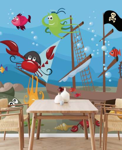 Cartoon: vis op een piratenschip, behang Cartoon: vis op een piratenschip, behang