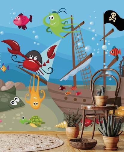 Karikatur-Tapete mit Fischen auf einem Piratenschiff Karikatur-Tapete mit Fischen auf einem Piratenschiff
